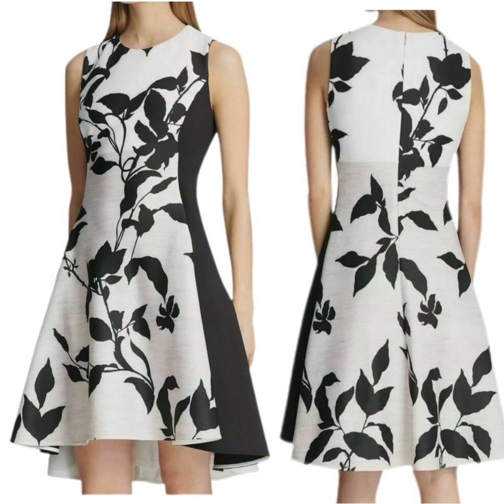 DKNY Black, Tan & White Floral Leaf Scuba Sleeveless Dress W/ Pockets Size 8